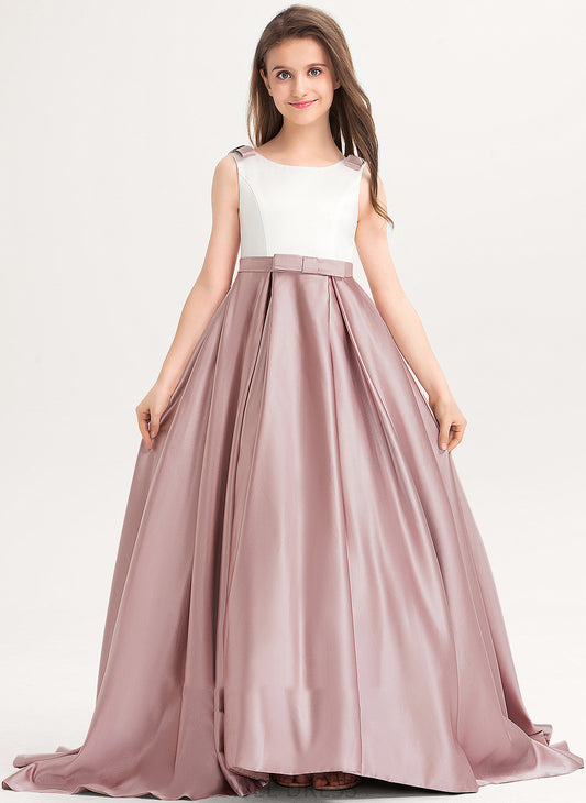 Scoop Bow(s) Leilani Sweep Ball-Gown/Princess Satin Junior Bridesmaid Dresses Train With Neck Pockets