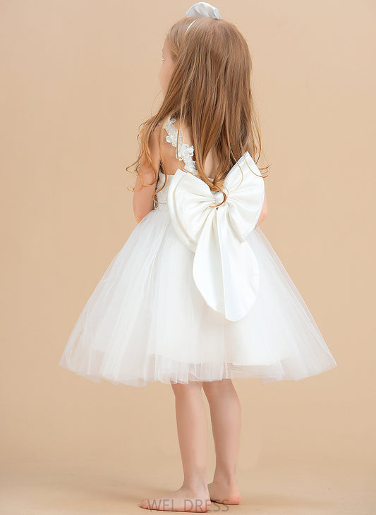 With Scoop Back Flower(s)/V Sleeveless Flower Girl Dresses - Satin/Tulle/Lace Presley Neck Knee-length Dress Flower Girl A-Line