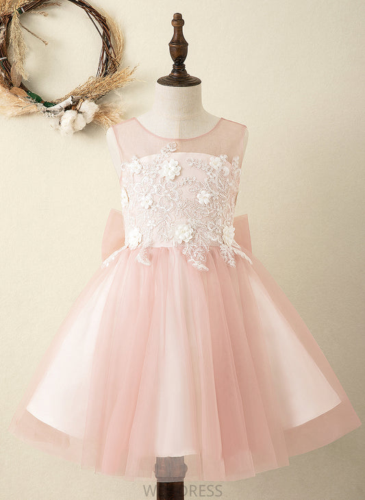 Sleeveless Knee-length A-Line Girl Satin/Tulle - Abbigail Flower Girl Dresses Scoop Bow(s)/V Back Neck Flower With Dress