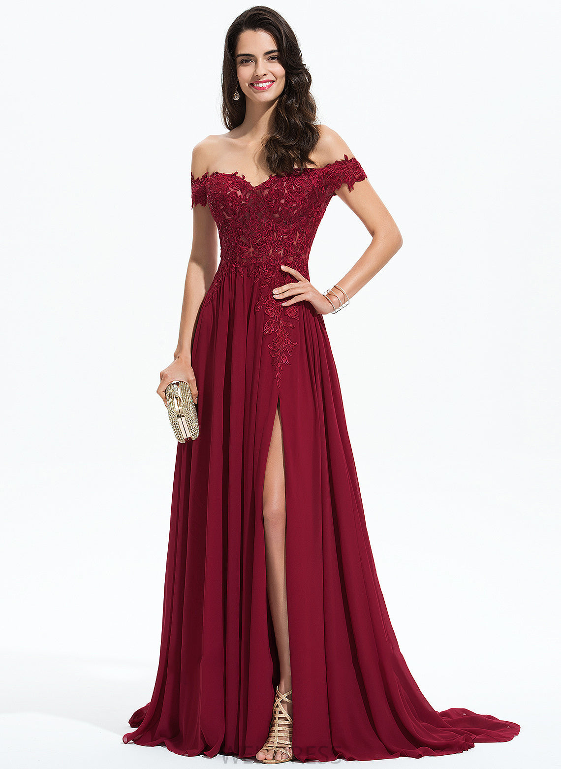 Chiffon With Lace Kimora Sweep A-Line Sequins Off-the-Shoulder Prom Dresses Train