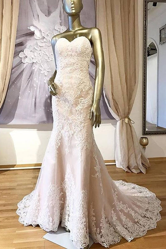 Pink Mermaid Court Train Sweetheart Sleeveless Beading Appliques Wedding Dresses