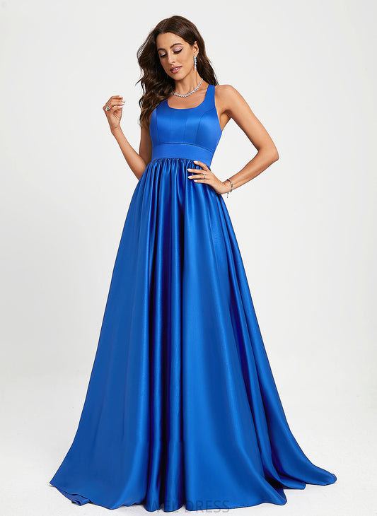 A-Line Neck Justice Satin Prom Dresses Train Sweep Scoop