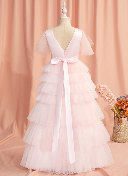 Flower Ball-Gown/Princess Floor-length Tulle Neck Kaylin With Scoop Girl Flower Girl Dresses Back - Short Ruffles/V Dress Sleeves