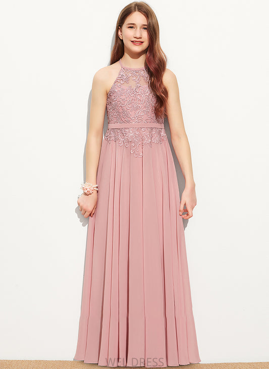 Floor-Length A-Line Kiley Junior Bridesmaid Dresses Scoop Chiffon Lace Neck