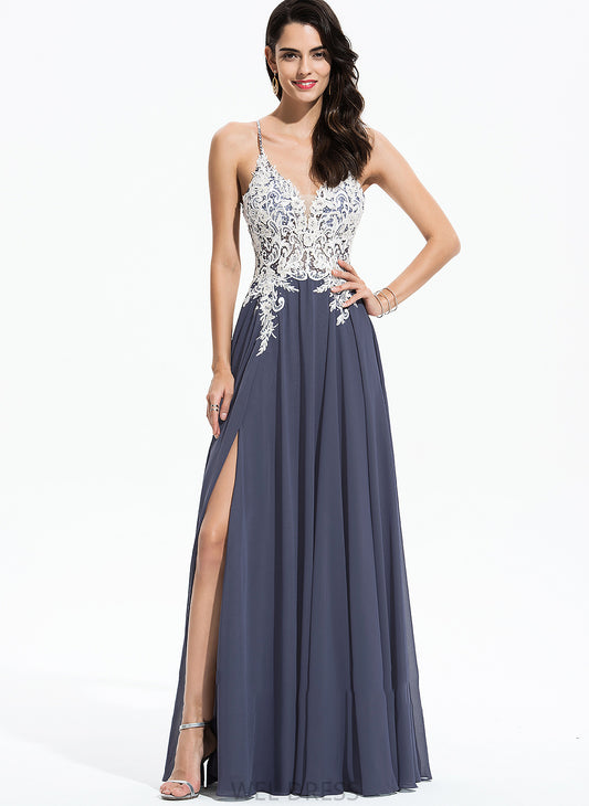 Chiffon A-Line Beading Front Sequins Floor-Length With Lace Prom Dresses Amaris Split