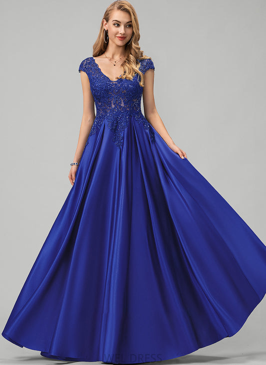 Satin Alula V-neck Ball-Gown/Princess Lace Prom Dresses Floor-Length With Sequins