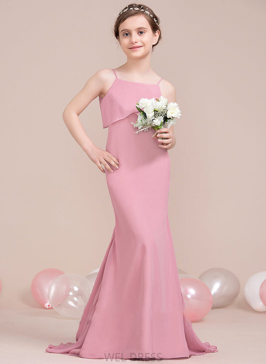 Neckline Akira Junior Bridesmaid Dresses Chiffon Square Ruffles Train Sweep Cascading With Trumpet/Mermaid