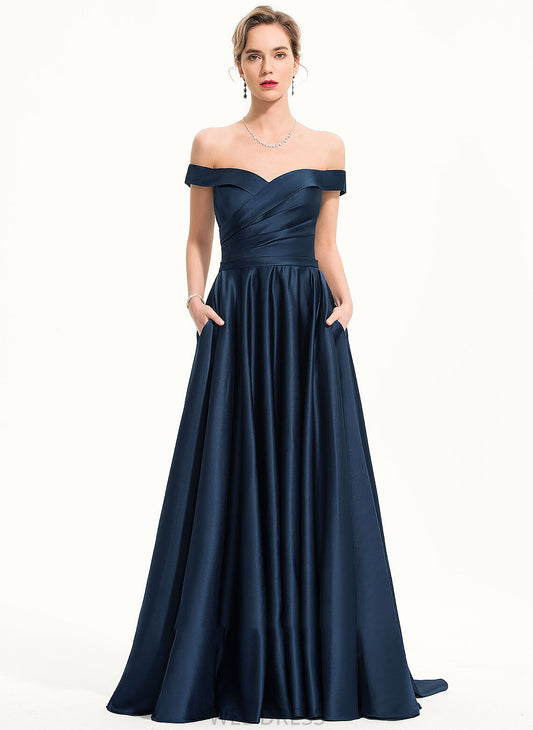 Satin With Sweep Off-the-Shoulder Train A-Line Shayla Pockets Prom Dresses