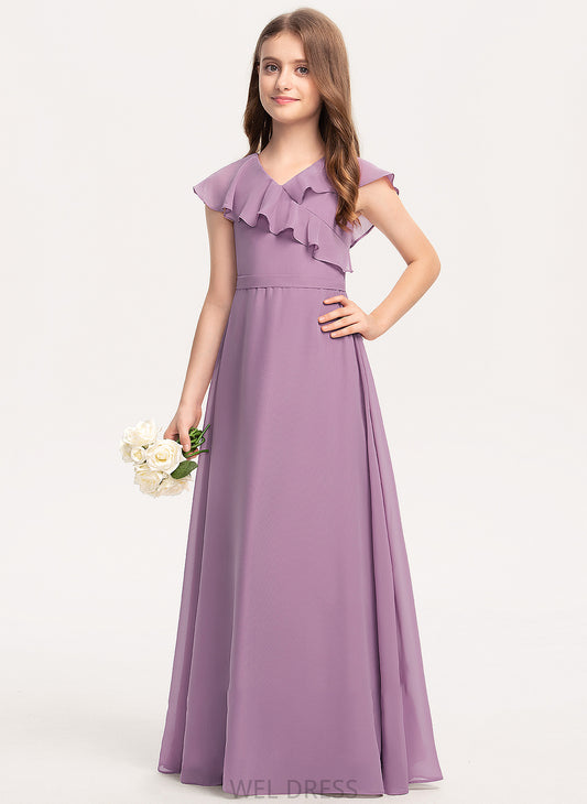 Ruffles Cascading Chiffon Floor-Length A-Line Cadence V-neck Bow(s) Junior Bridesmaid Dresses With