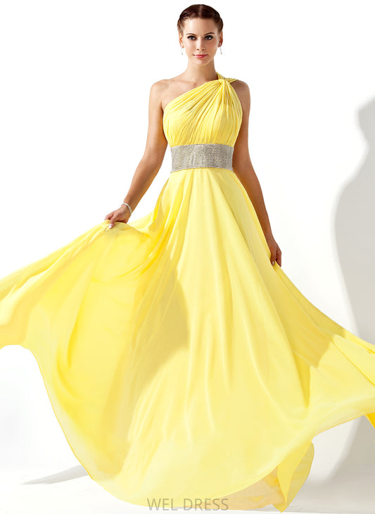 A-Line Ruffle Prom Dresses With One-Shoulder Floor-Length Beading Marlee Chiffon