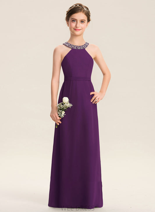 Luna A-Line Neck With Bow(s) Junior Bridesmaid Dresses Beading Floor-Length Chiffon Scoop