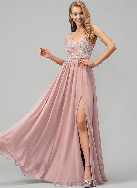 Chiffon With V-neck Jakayla A-Line Front Beading Sequins Floor-Length Split Prom Dresses