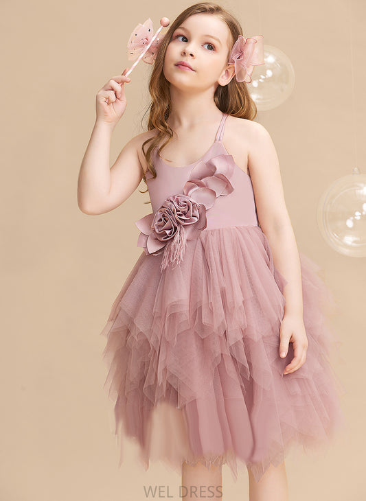 Tulle Neck Girl - Sleeveless Flower Girl Dresses Janice Knee-length Scalloped Flower Feather/Flower(s) With Dress Ball-Gown/Princess