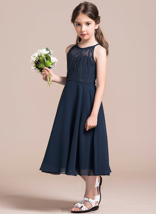 Amya Chiffon With Ruffle Lace Neck A-Line Junior Bridesmaid Dresses Scoop Tea-Length