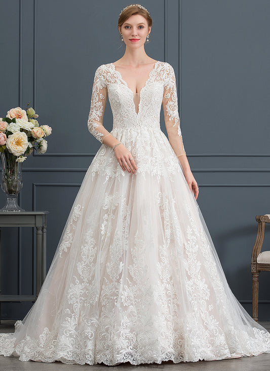 Chapel Dress Leah Tulle Wedding Dresses V-neck Wedding Train Ball-Gown/Princess