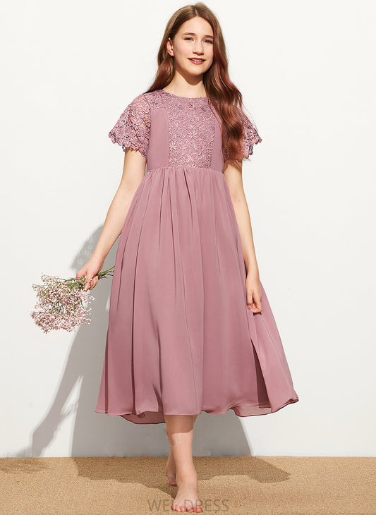 Junior Bridesmaid Dresses Tea-Length Lace A-Line Ivy Neck Scoop Chiffon