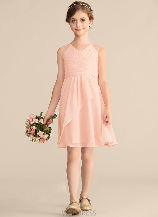 Chiffon V-neck Knee-Length Junior Bridesmaid Dresses Ruffles With A-Line Azul Cascading Lace