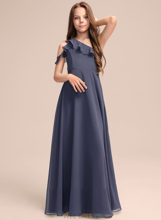 Ruffles One-Shoulder Chiffon A-Line Junior Bridesmaid Dresses Floor-Length With Tabitha Cascading