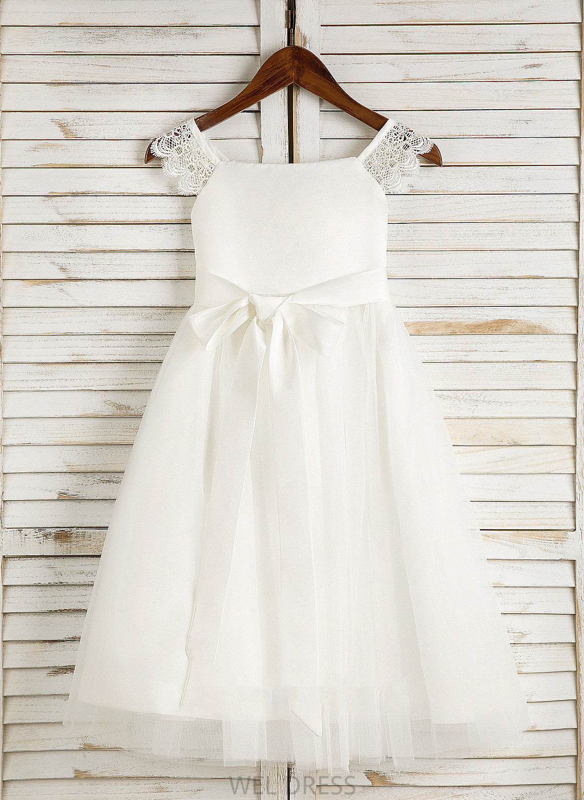 Dress Girl Tea-length Square Satin/Tulle - Flower Girl Dresses With Flower A-Line Sleeveless Tamara Neckline Lace/Sash