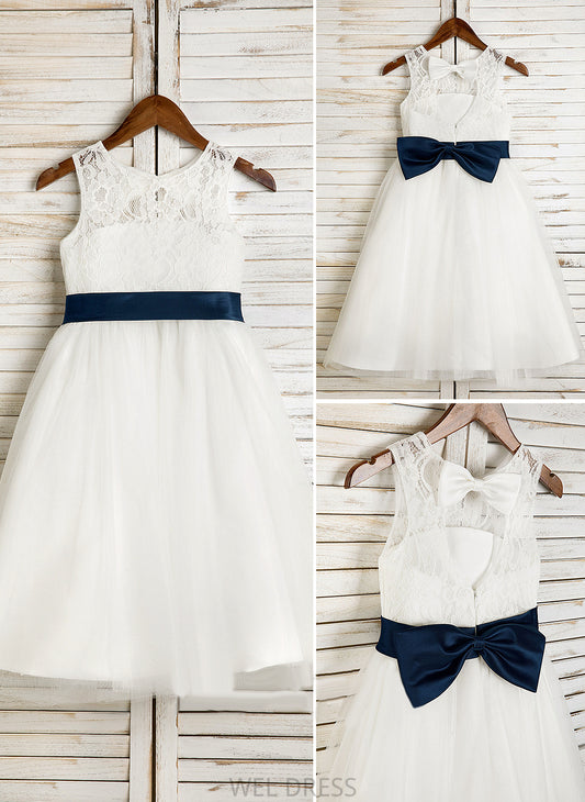 Flower Sleeveless Tea-length A-Line/Princess Neck Flower Girl Dresses - Sash/Bow(s)/Back Tulle/Lace Dress sash) (Undetachable Girl Scoop Alannah With Hole