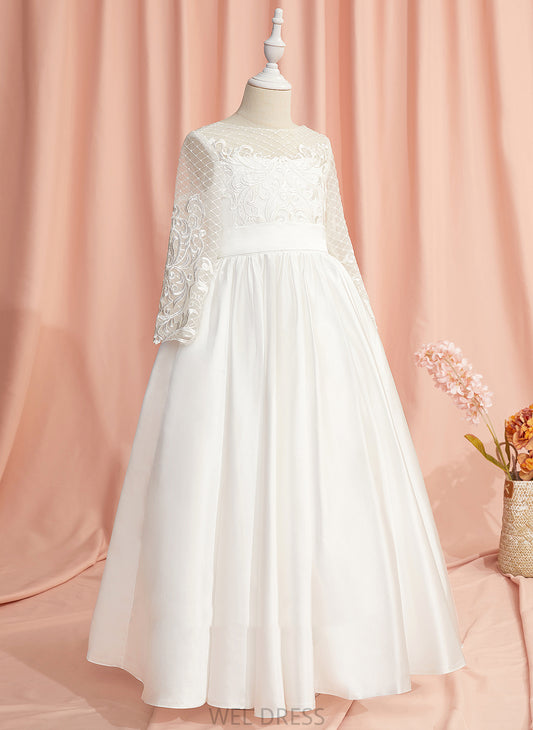 Jazmyn Scoop Ball-Gown/Princess Long Neck Dress Flower Flower Girl Dresses With Girl - Sleeves Back Lace/V Satin Floor-length