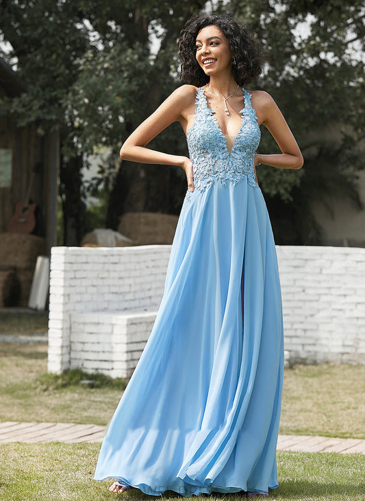 Lace With Johanna Chiffon A-Line Prom Dresses V-neck Floor-Length