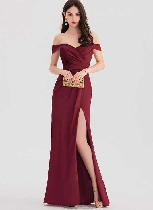 Split Ruffle Off-the-Shoulder With Satin Floor-Length Diamond Front Prom Dresses Sheath/Column