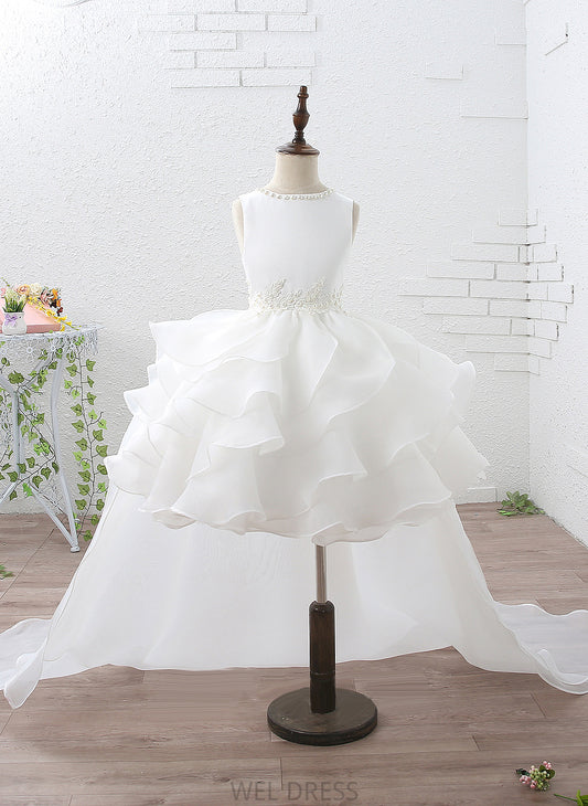 Girl - Flower Dress Train Flower Girl Dresses Organza/Satin Sleeveless Ball-Gown/Princess Scoop Kenley Court With Ruffles/Beading/Appliques Neck