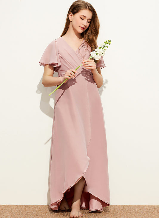 A-Line V-neck Lea Ruffle Chiffon Asymmetrical Junior Bridesmaid Dresses With