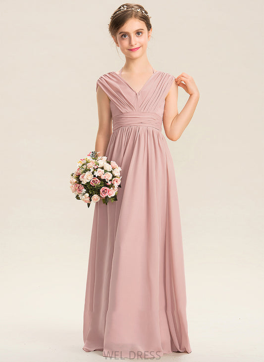 Floor-Length London Junior Bridesmaid Dresses A-Line Ruffle With Chiffon Bow(s) V-neck