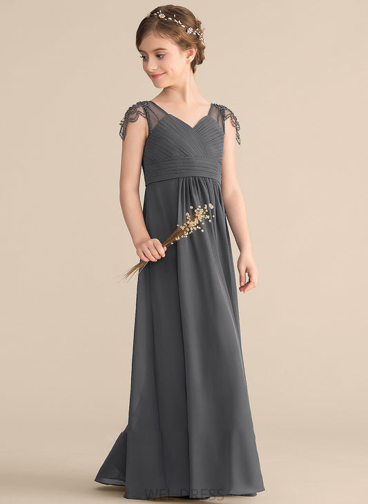 Chiffon Ruffle Junior Bridesmaid Dresses V-neck Floor-Length A-Line With Natalia Beading