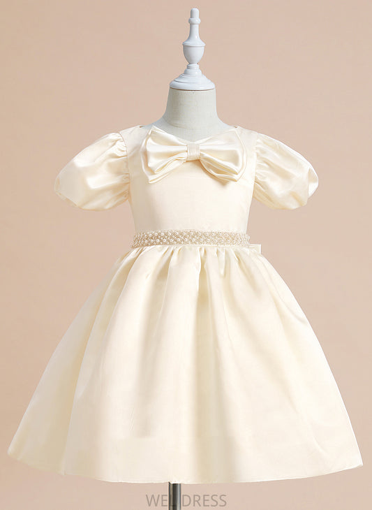 Miley Sleeves Flower Girl Dresses Short Flower Girl Dress Beading/Bow(s) - Satin V-neck Ball-Gown/Princess Knee-length With