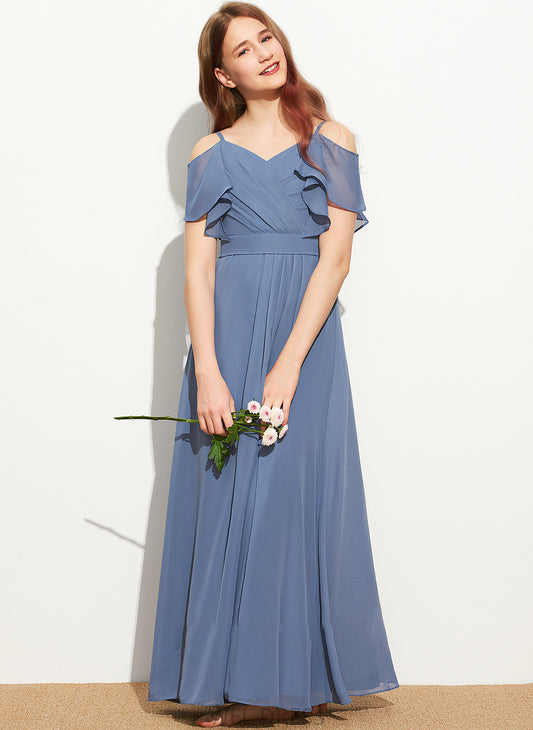 With Bow(s) Floor-Length Chiffon Ruffle Jade Off-the-Shoulder Junior Bridesmaid Dresses A-Line