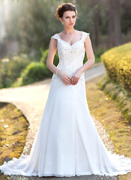 Beading Lace Court Wedding Dresses Chiffon V-neck Dress Wedding Sequins Mollie Train With A-Line