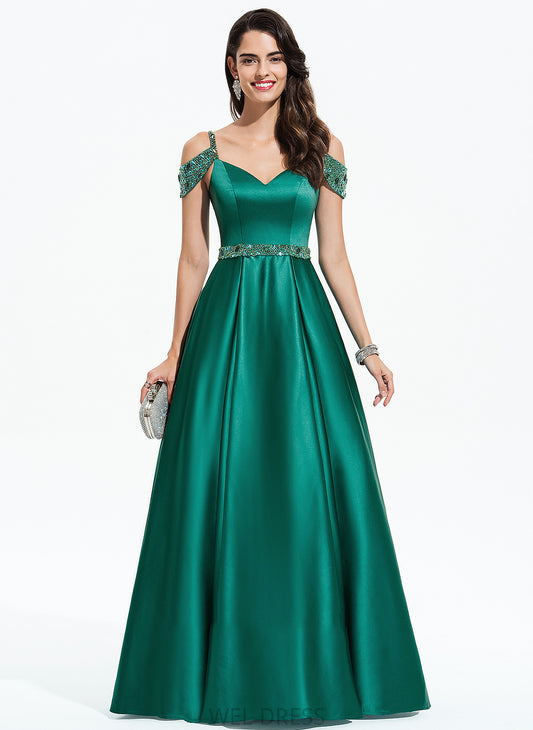 Esperanza Ball-Gown/Princess Prom Dresses Satin V-neck Floor-Length Sequins Beading With