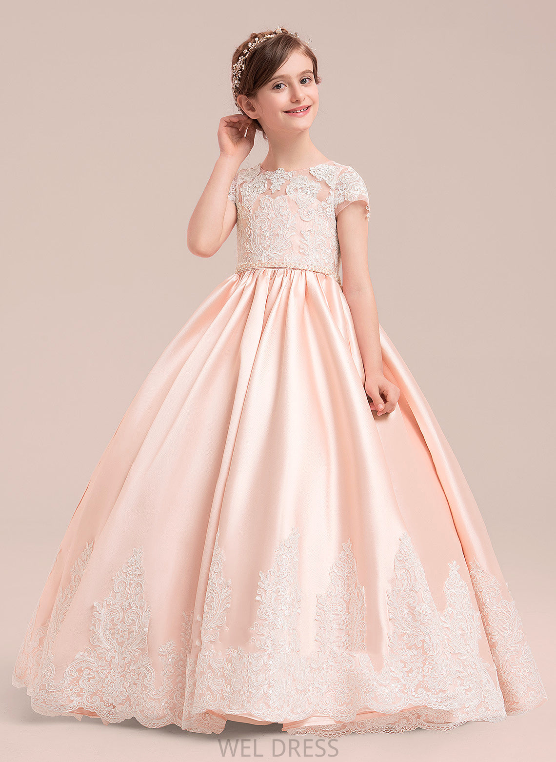 Flower Girl Dresses With Sleeves Ball Flower (Petticoat Floor-length Beading Scoop Short included) - Maddison Girl NOT Gown Neck Dress Satin/Tulle/Lace