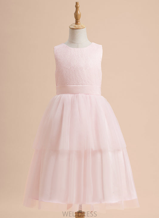 With Kimberly Flower Lace Neck Knee-length Sleeveless Satin/Tulle Scoop Girl - Flower Girl Dresses A-Line Dress