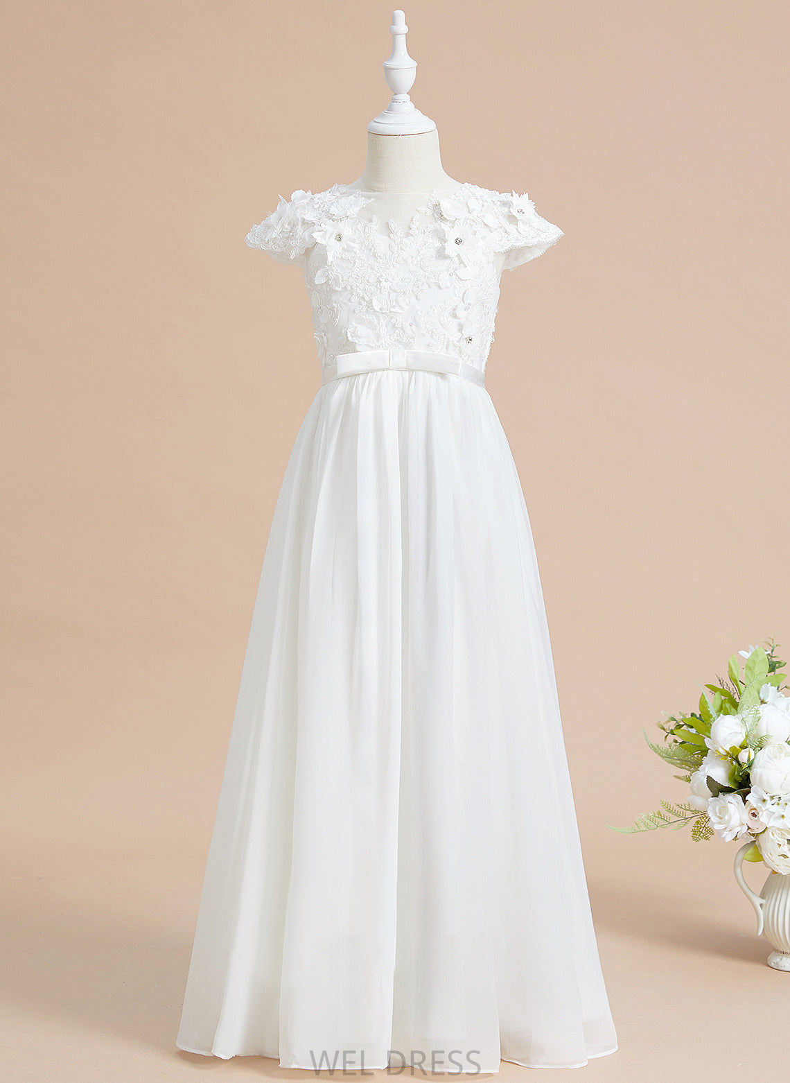 Flower Karly With Girl Sleeves Floor-length Dress Flower(s) Neck - Chiffon/Lace Scoop A-Line Flower Girl Dresses Short