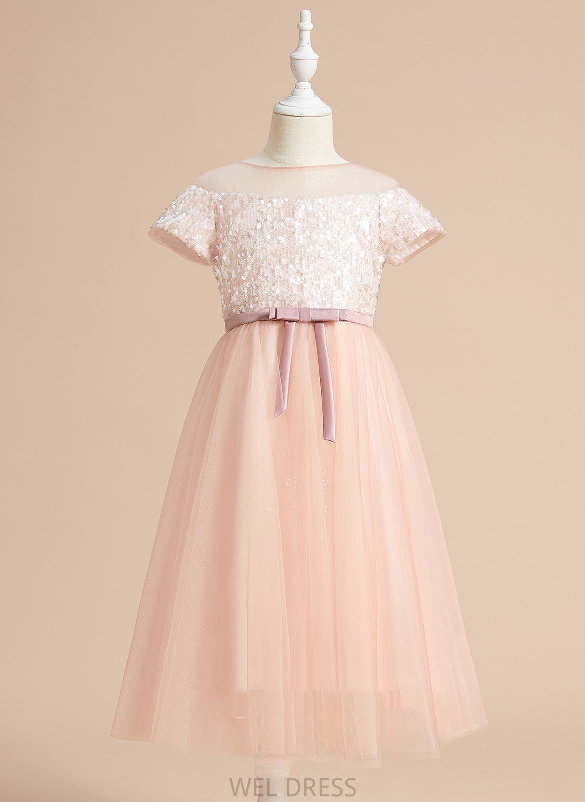 With Tea-length A-Line Sash/Bow(s) Aubrie Tulle Flower Sleeves Scoop Flower Girl Dresses Girl Dress - Short Neck