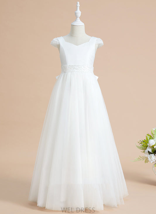 Sleeves With Dress Flower Girl Dresses Girl Flower V-neck Ball-Gown/Princess - Beading/Bow(s) Floor-length Satin/Tulle Short Luz