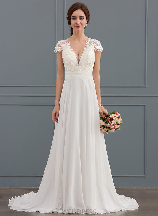 Chiffon V-neck Hope Ruffle Sweep With Wedding Dress Train A-Line Wedding Dresses