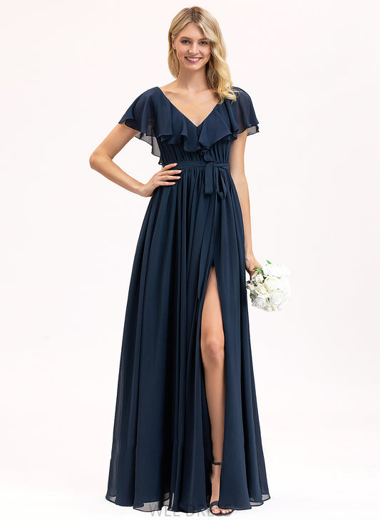 Front Chiffon Prom Dresses Split Aubrey Floor-Length Bow(s) Ruffles With A-Line Cascading V-neck