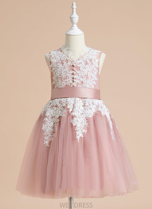 Flower Girl Dresses - Dress Bow(s) V-neck A-Line With Knee-length Flower Gillian Sleeveless Tulle/Lace Girl