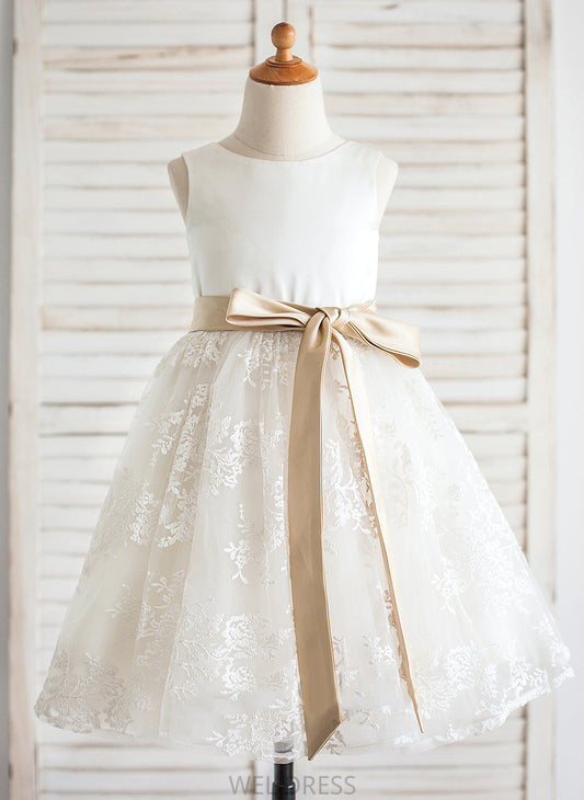 Dress Flower A-Line/Princess Neck Knee-length Satin/Lace Sash Girl Scoop With Whitney Flower Girl Dresses Sleeveless -