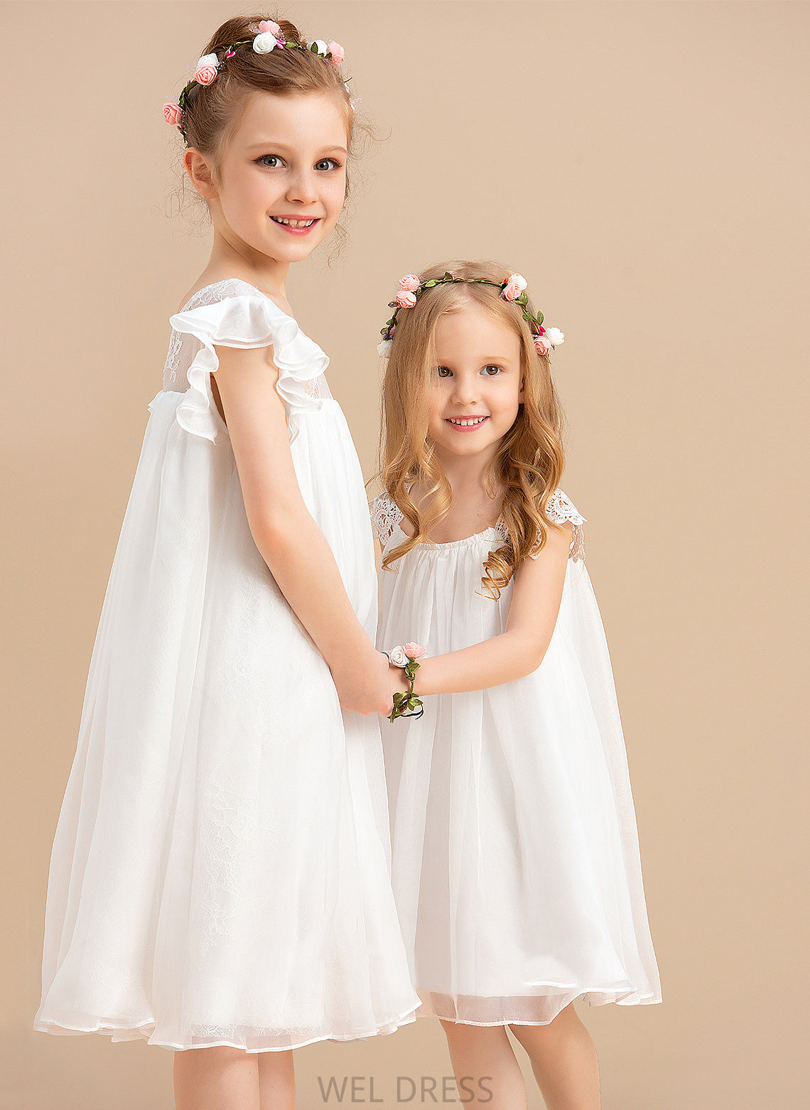 A-Line Sleeves Lace Scoop - Flower Girl Dresses Flower Dress Chiffon Short Knee-length Val With Neck Girl