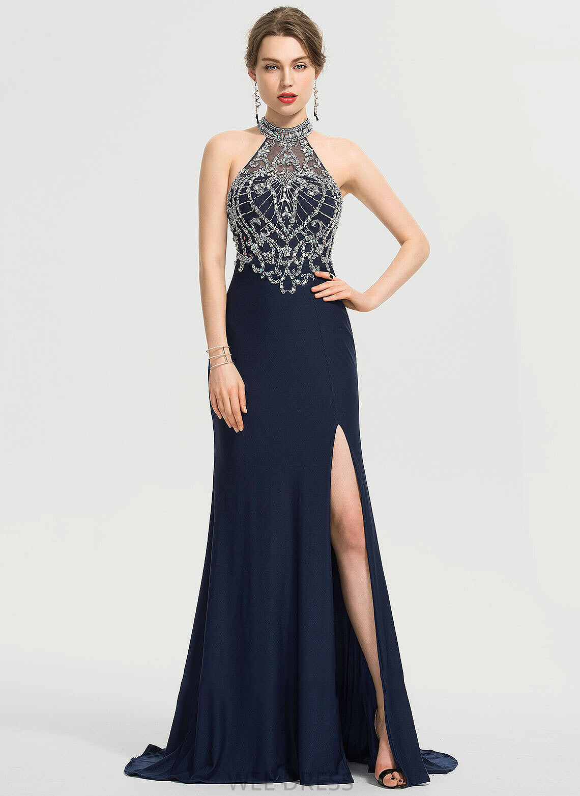 Prom Dresses Front Neck Split Sequins Train Sheath/Column Beading With Sweep Jersey Scoop Mila