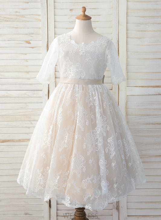 Dress Sleeves Tea-length Scoop Flower Neck Flower Girl Dresses 3/4 - With Bow(s) Girl A-Line Tulle/Lace Kennedy