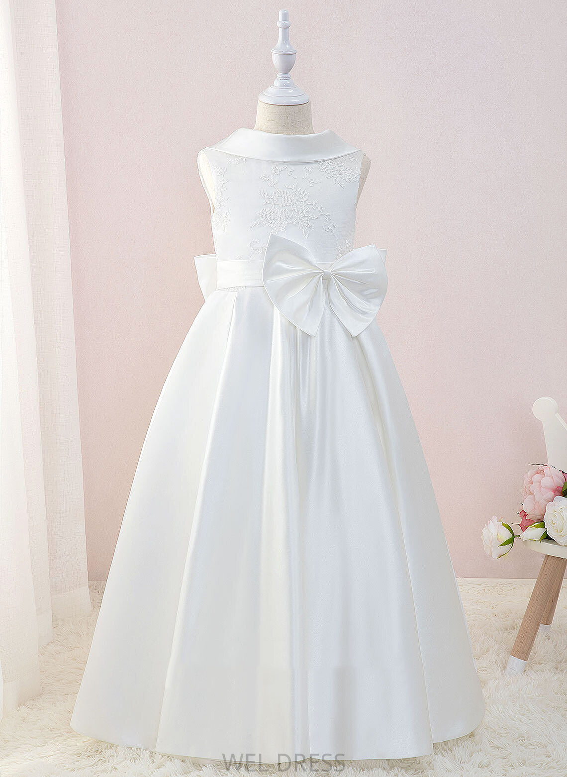 With Bow(s) Neck Scoop Satin/Lace Flower Girl Dresses Ball-Gown/Princess Dress - Sleeveless Bianca Flower Girl Floor-length