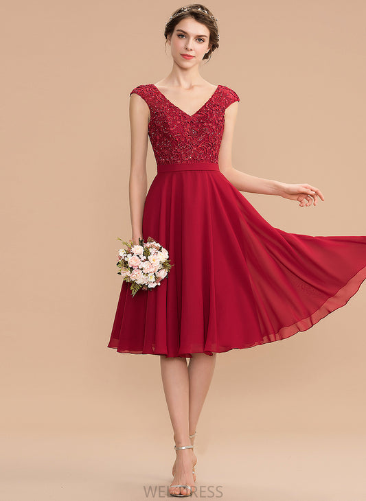 Prom Dresses A-Line Chiffon Beading Lace V-neck With Knee-Length Ali