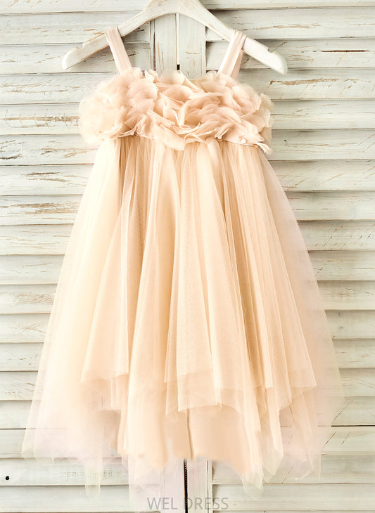 Flower Beading A-Line/Princess Dress Girl Sleeveless Scarlet Tulle - With Knee-length Flower Girl Dresses Straps